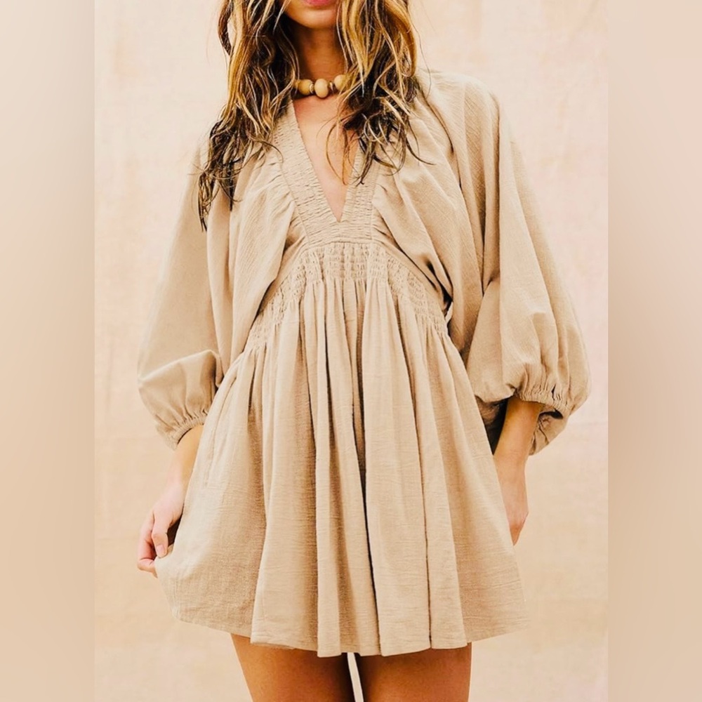 Boho V-Neck Smocked Mini Dress in Beige